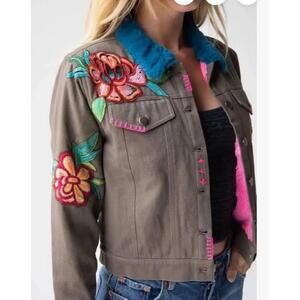 Natural Life jacket womens large L green canvas tara embroidered boho sherpa